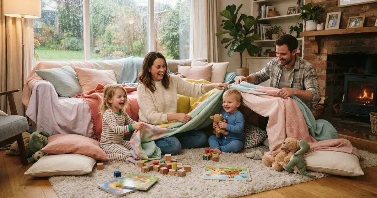 Family enjoying indoor rainy day activities with kids in a cozy living room