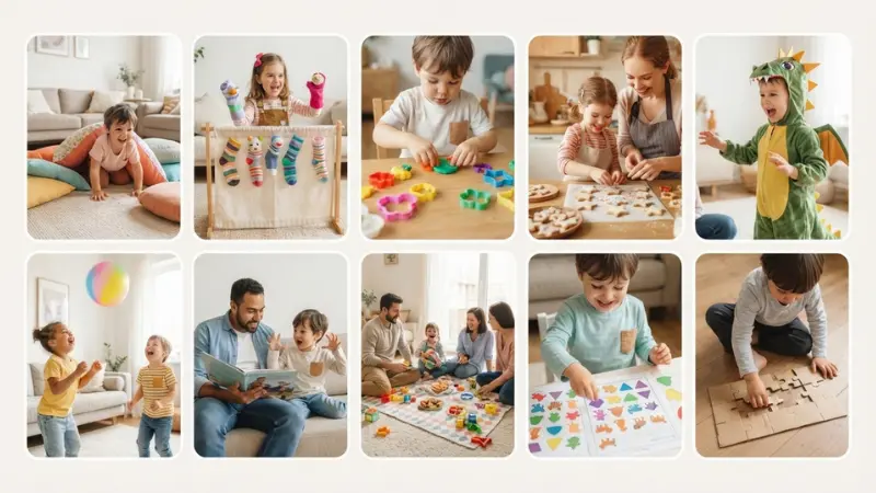 Collage of preschoolers enjoying indoor rainy day activities including obstacle course, puppet show, playdough, baking, and pretend play