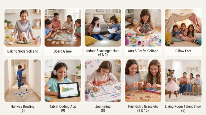 School-age kids enjoying indoor rainy day activities including science experiments, board games, scavenger hunt, arts and crafts, pillow fort, and indoor bowling