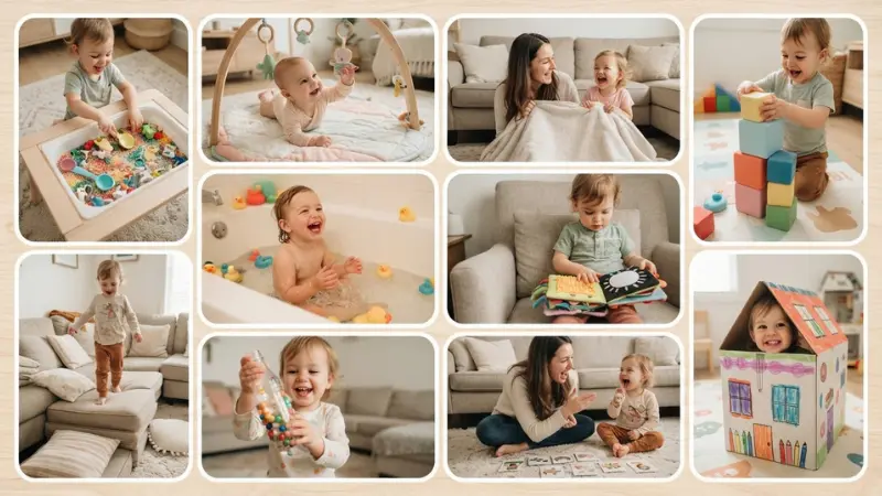 10 fun indoor rainy day activities for toddlers ages 1 to 3, including sensory bins, tummy time, peekaboo, and block stacking