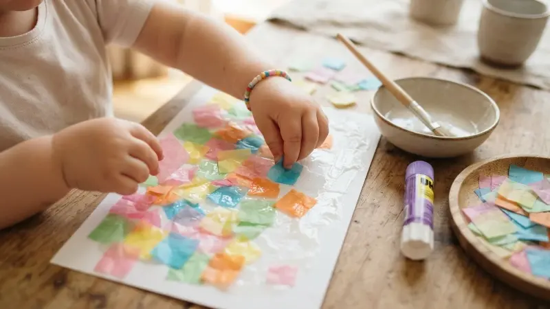 Toddler's hands pressing colorful tissue paper squares onto glue-coated cardstock to create a tissue paper collage craft